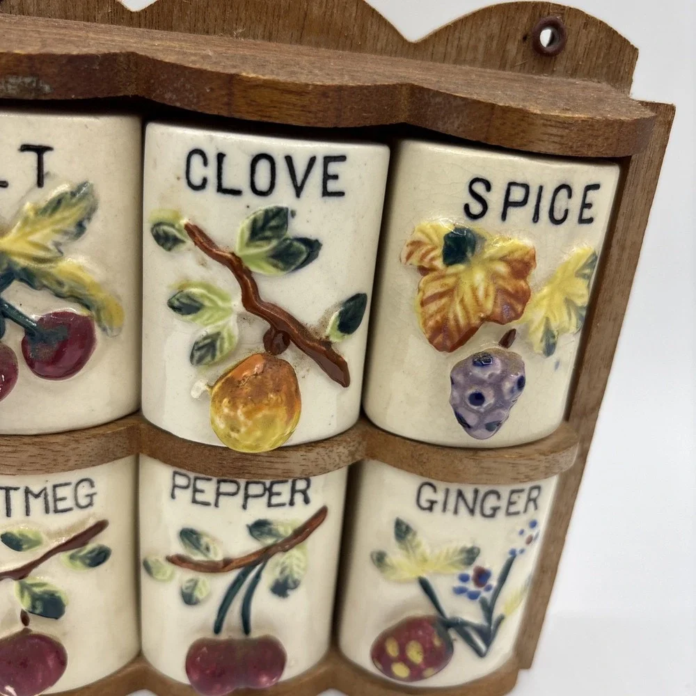 Vintage GNCO Japan Spice Rack Ceramic Shakers Set Indian Village Mich Souvenir